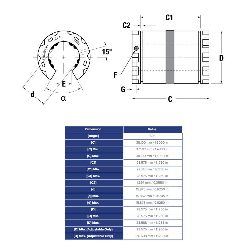 SSU10OPN THOMSON BALL BUSHING<BR>SSU SERIES 5/8" OPEN LINEAR BEARING SELF ALIGNING ADJUSTABLE 620 LBF